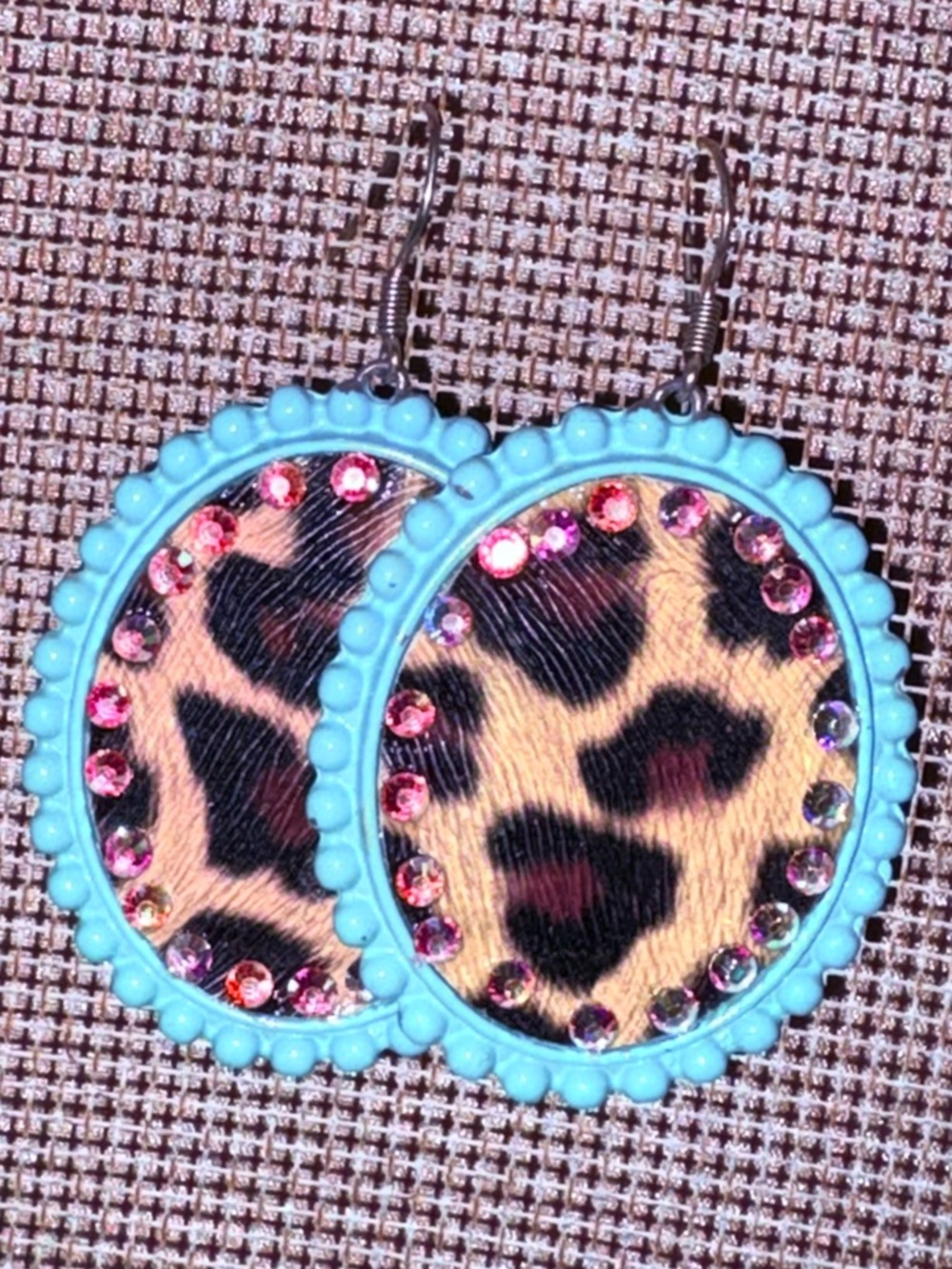 Turquoise Beaded Leopard Print Dangle Earrings with Pink Rhinestones